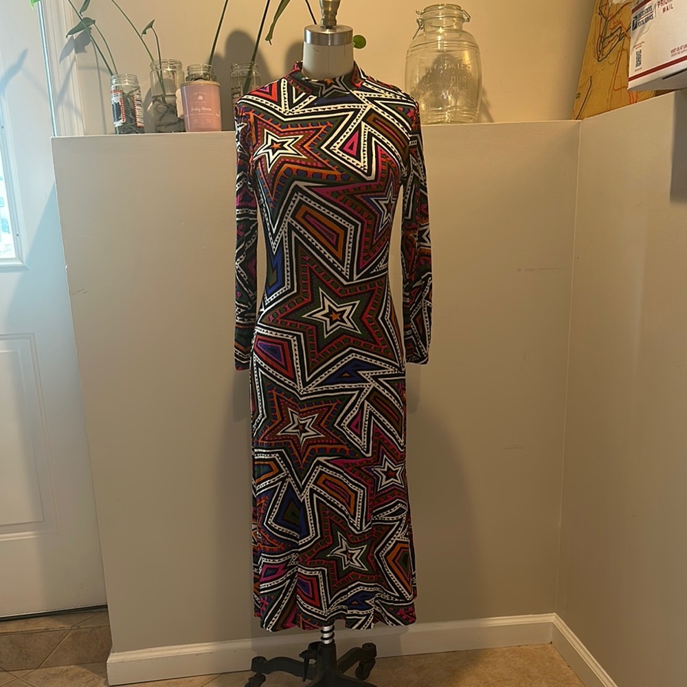 FARM Rio Red and Black Sheath Dress with Mandarin Collar